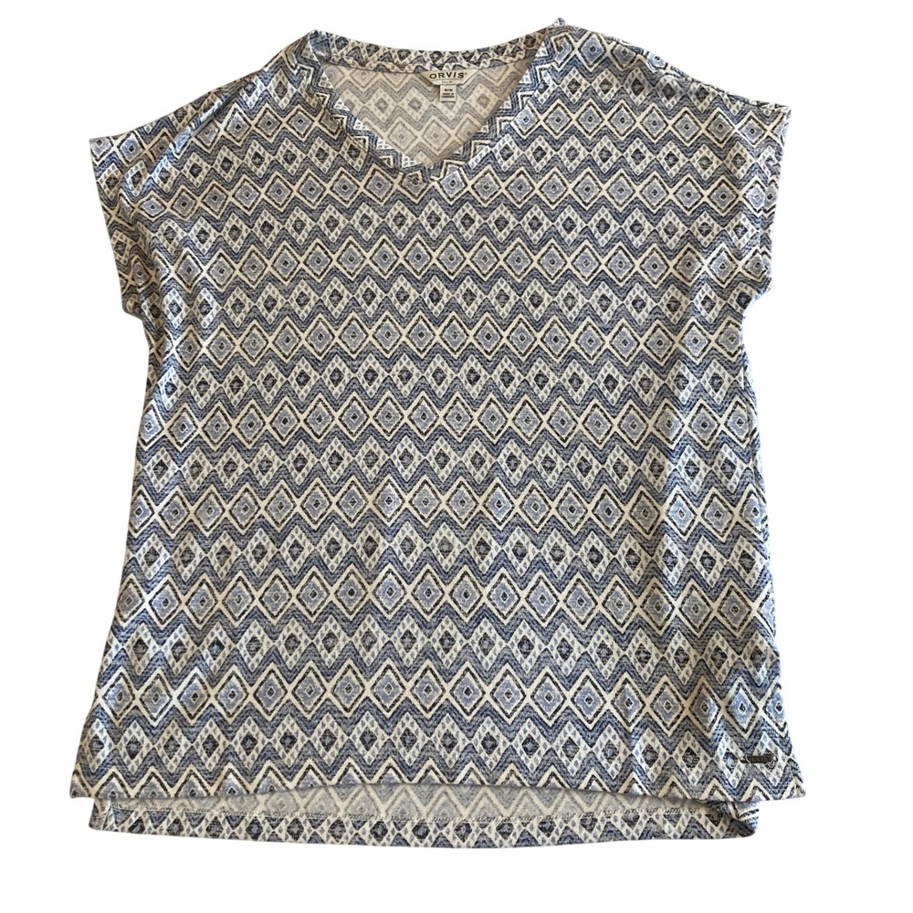 Orvis Classic Collection V-Neck Top Womens M Blue White Geometric Diamond Knit